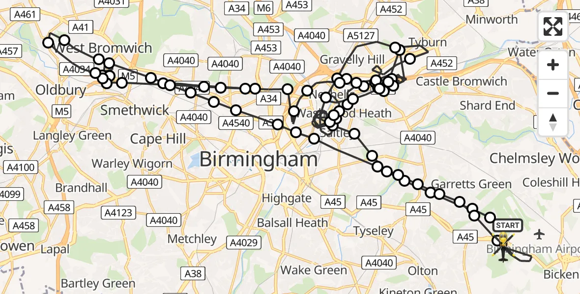 Flight path map showing Police Helicopter route from Birmingham Airport to Solihull