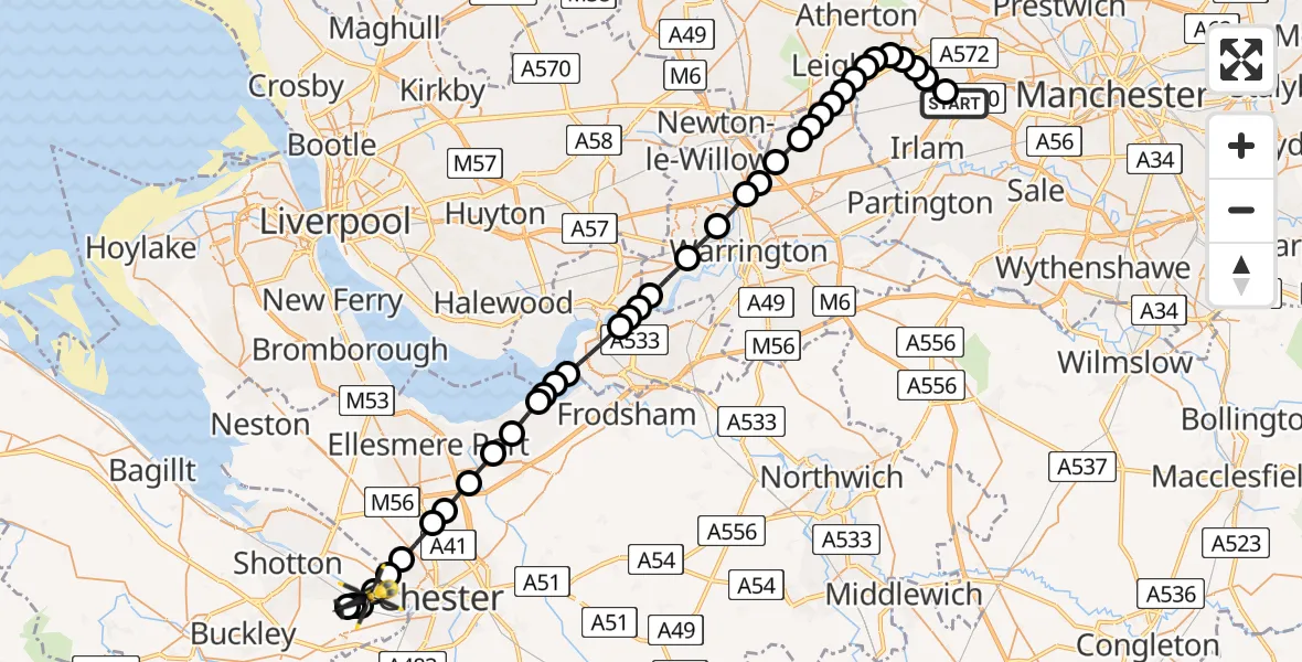 Flight path map showing Police Helicopter route from Manchester Barton Aerodrome to Saltney Ferry