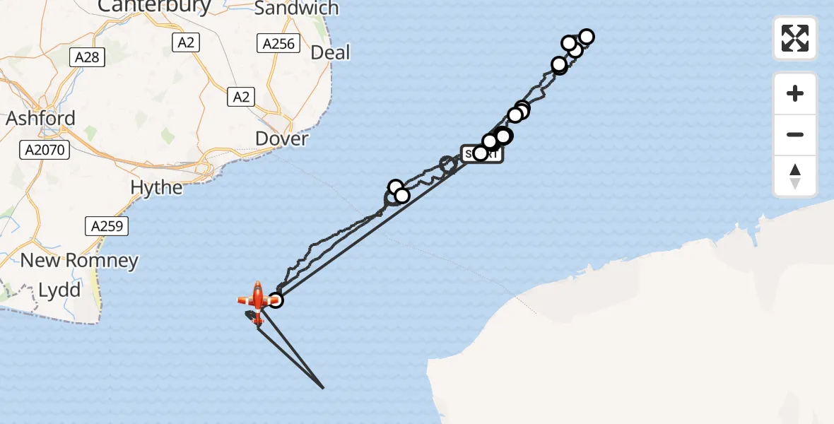 Flight path map showing Coastguard Drone route from North Sea to English Channel