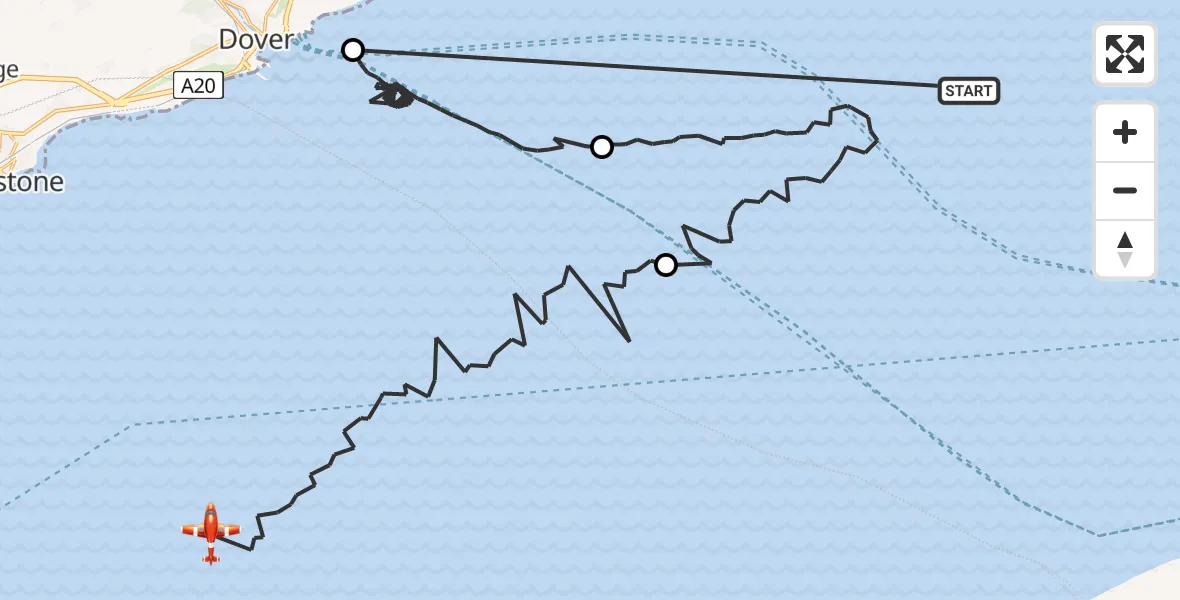 Flight path map showing Coastguard Drone route from North Sea to English Channel