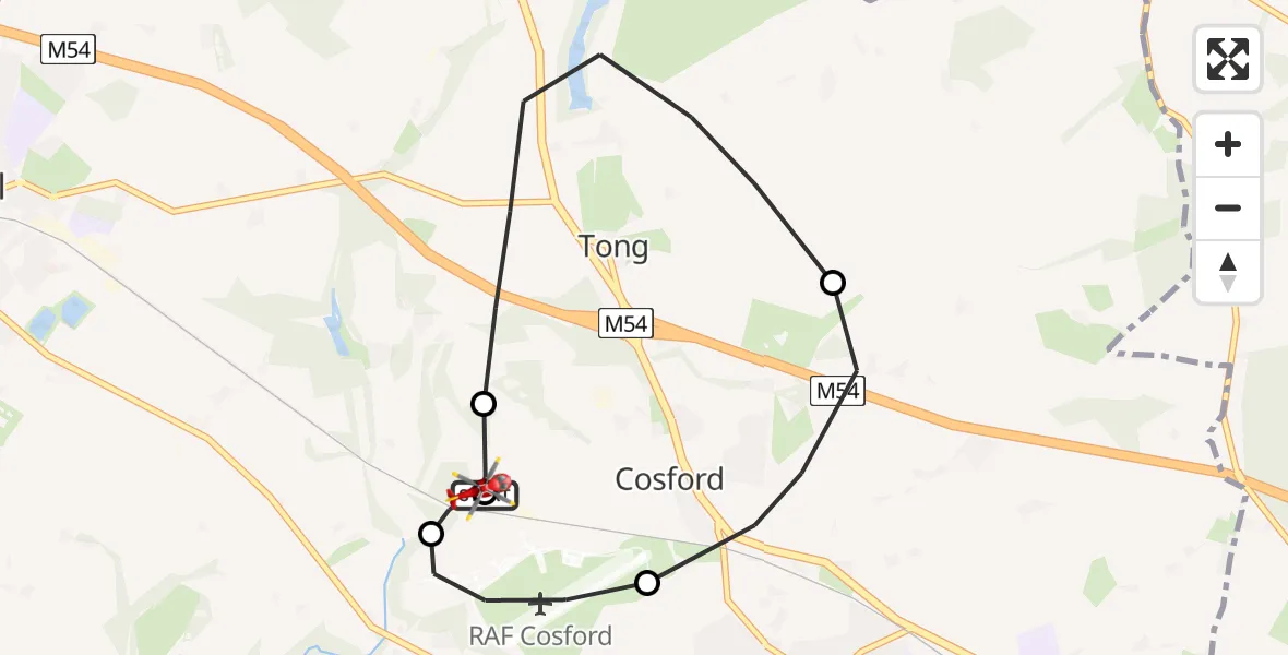 Flight path map showing Air Ambulance Helicopter route from RAF Cosford to Cosford