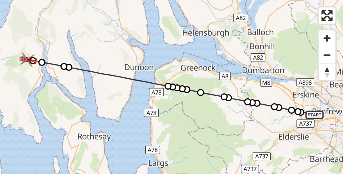 Flight path map showing Air Ambulance Helicopter route from Glasgow Airport to Argyll and Bute