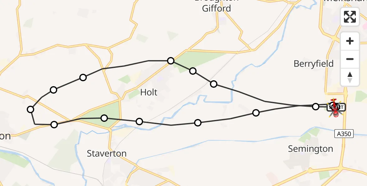 Flight path map showing Air Ambulance Helicopter route from Wiltshire Air Ambulance to Wiltshire Air Ambulance