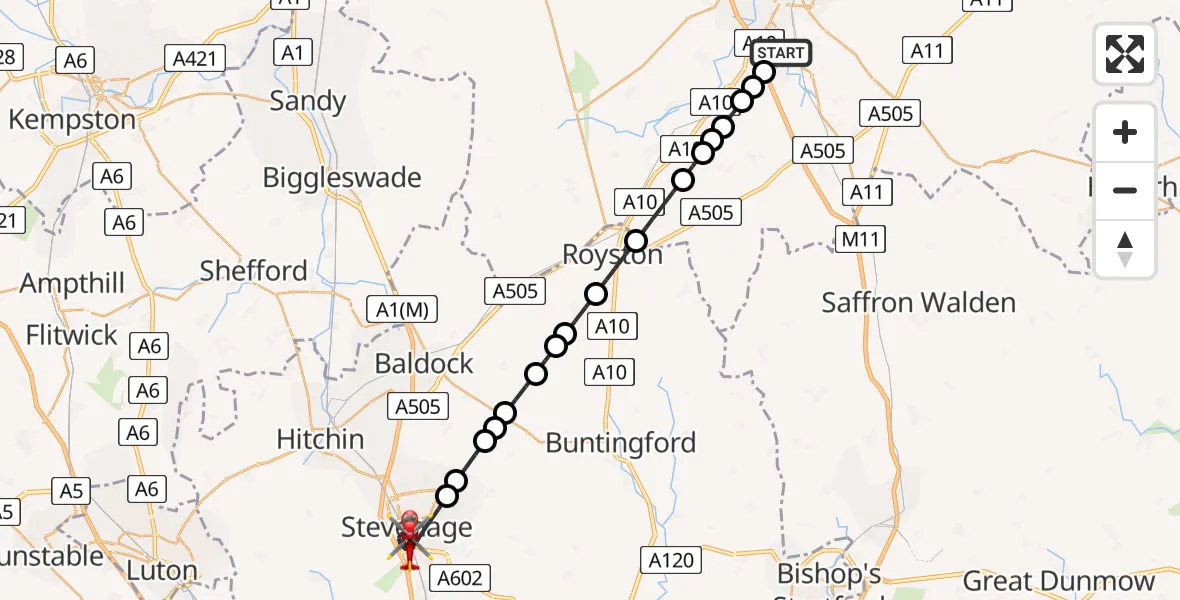 Flight path map showing Air Ambulance Helicopter route from Great Shelford to Stevenage