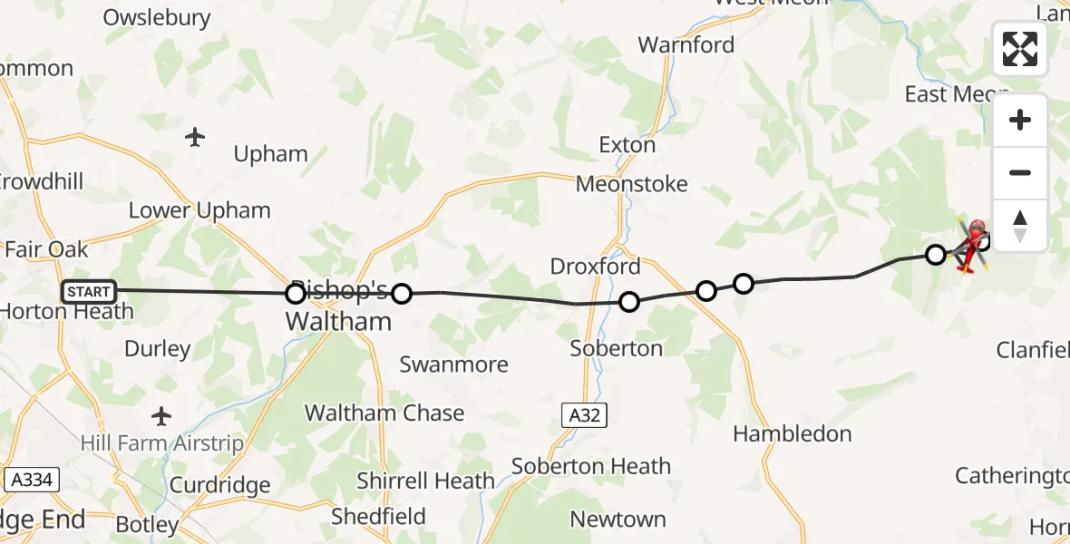 Flight path map showing Air Ambulance Helicopter route from Eastleigh to East Hampshire