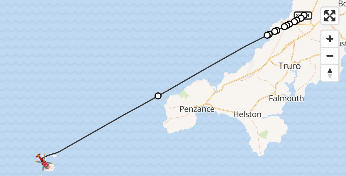 Flight path map showing Air Ambulance Helicopter route from Cornwall Airport Newquay to North Atlantic Ocean