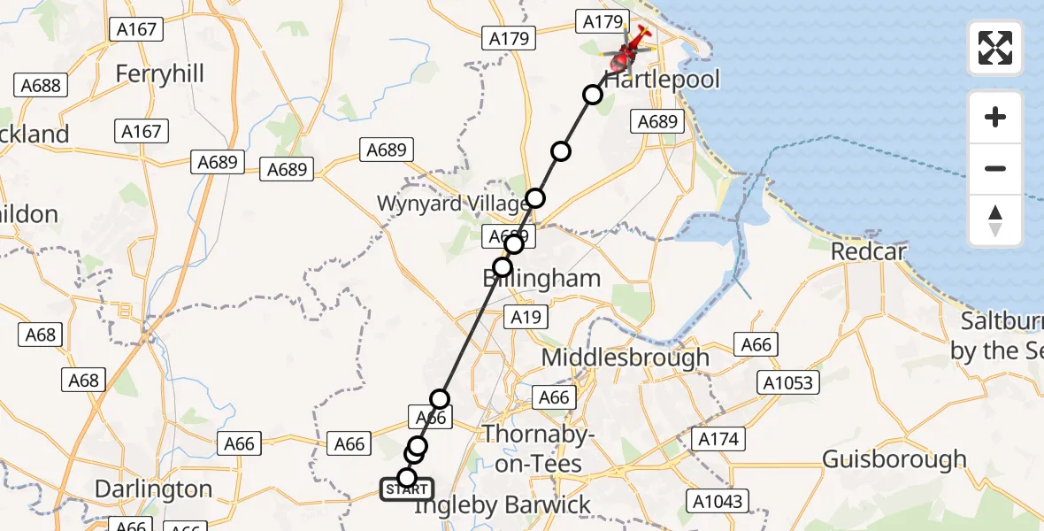 Flight path map showing Air Ambulance Helicopter route from Egglescliffe to Hartlepool