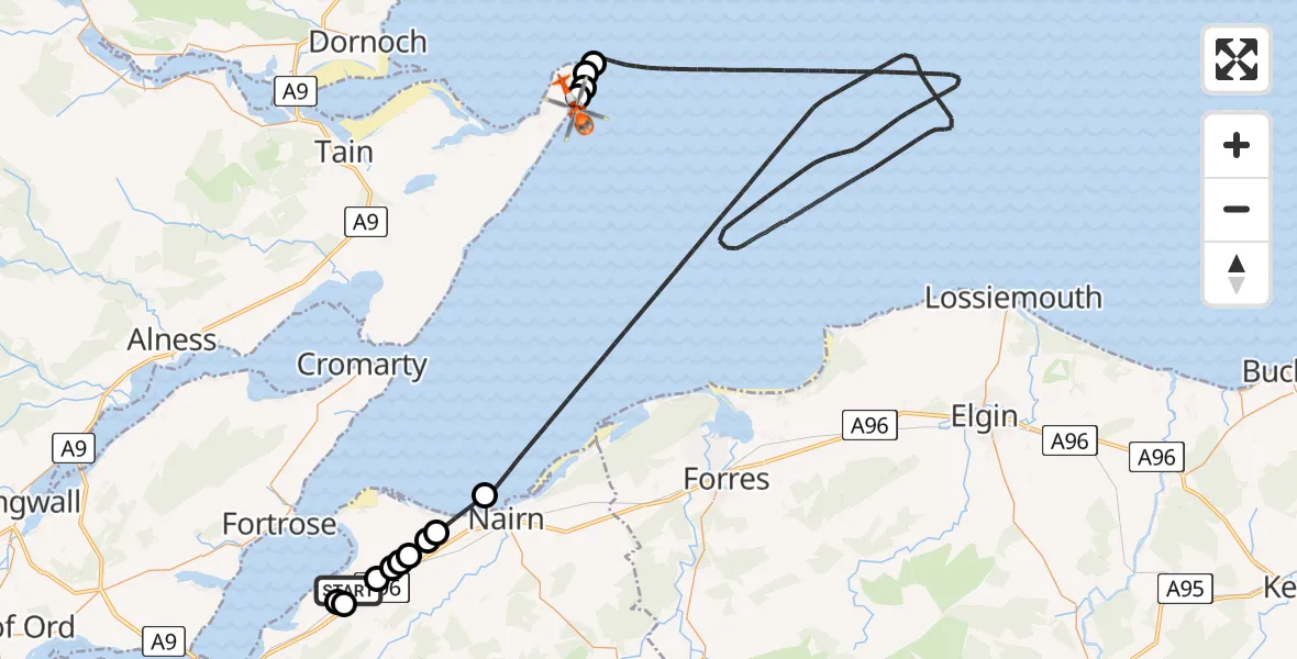 Flight path map showing Coastguard Helicopter route from Inverness Airport to Portmahomack