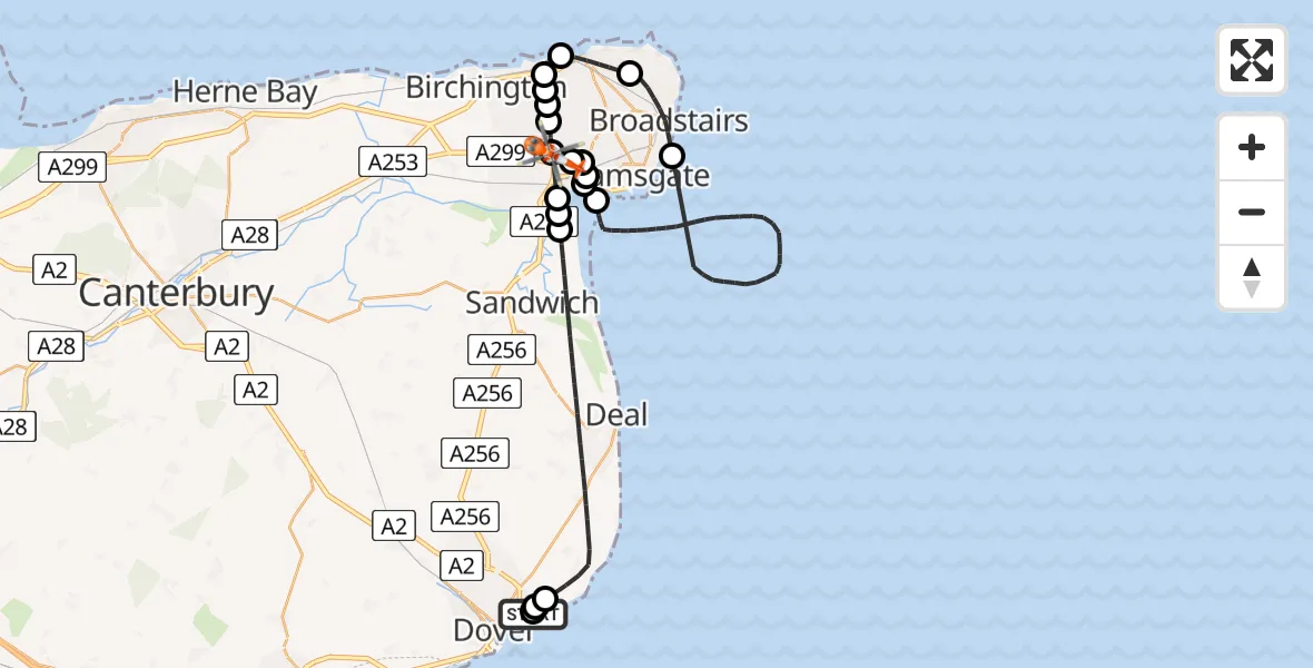 Flight path map showing Coastguard Helicopter route from Langdon Battery Heliport to Manston Airport