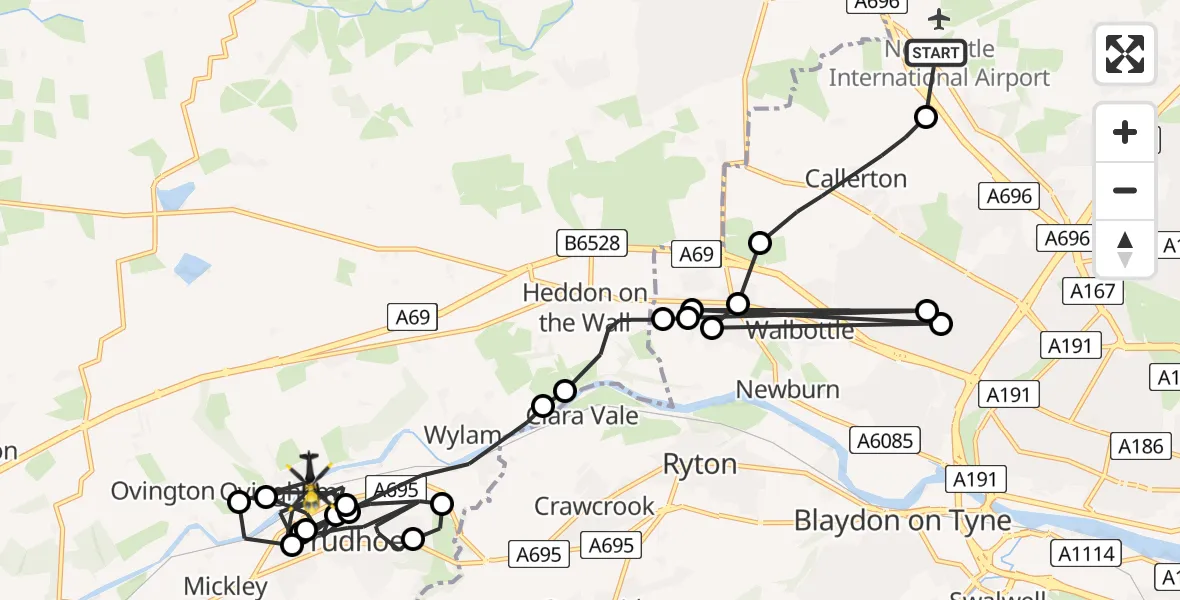 Flight path map showing Police Helicopter route from Newcastle International Airport to Ovingham