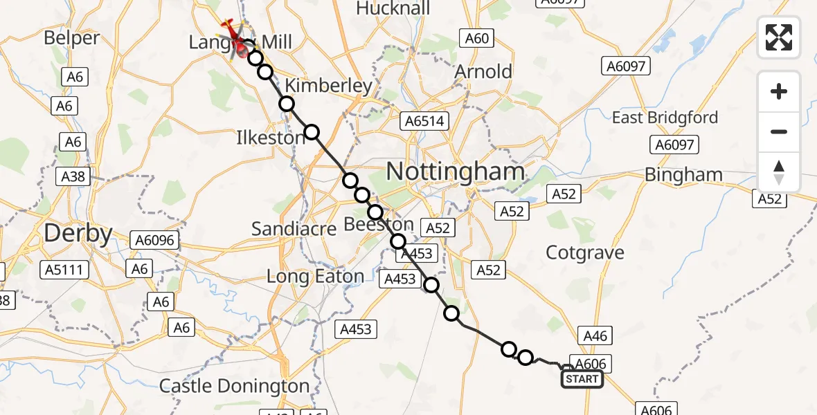 Flight path map showing Air Ambulance Helicopter route from Widmerpool to Langley Mill