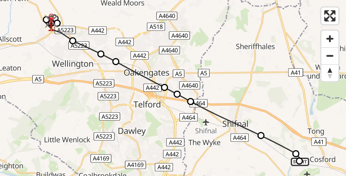 Flight path map showing Air Ambulance Helicopter route from RAF Cosford to Wrockwardine