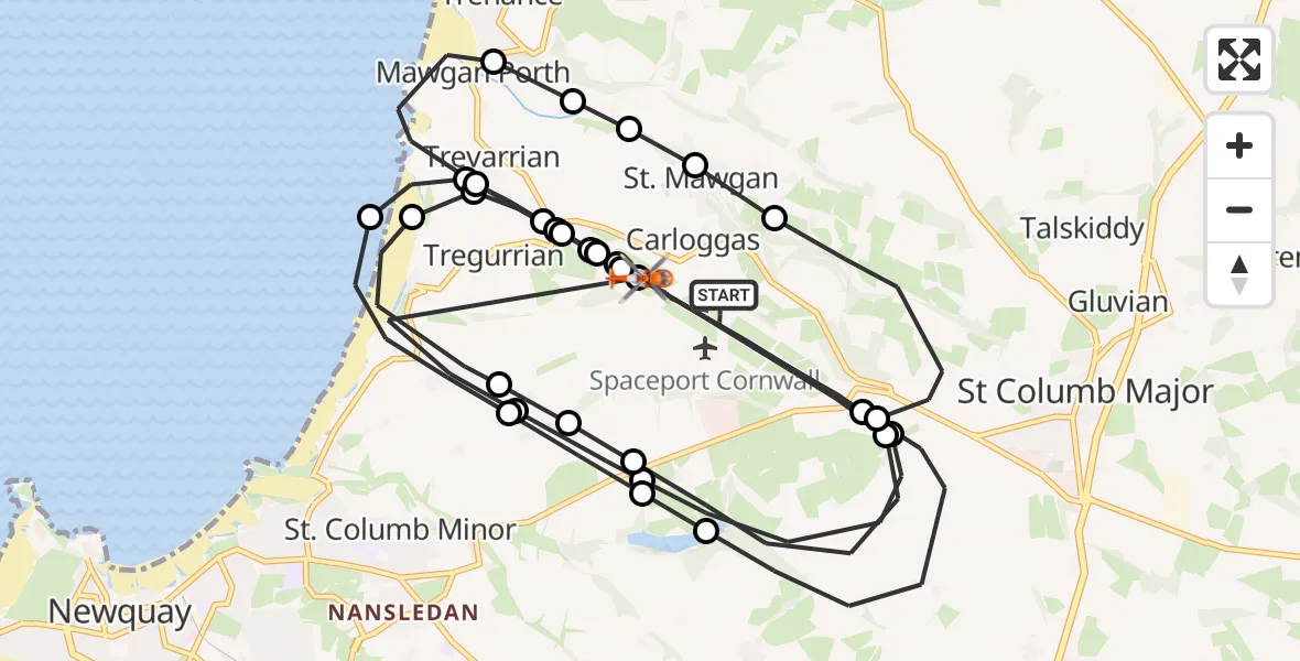 Flight path map showing Coastguard Helicopter route from Cornwall Airport Newquay to Cornwall Airport Newquay