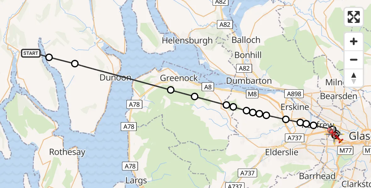 Flight path map showing Air Ambulance Helicopter route from Auchenbreck to Queen Elizabeth Hospital