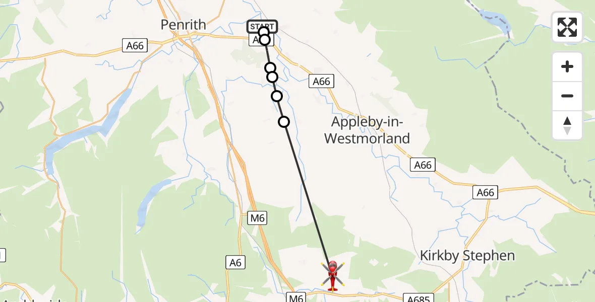 Flight path map showing Air Ambulance Helicopter route from Culgaith to Orton
