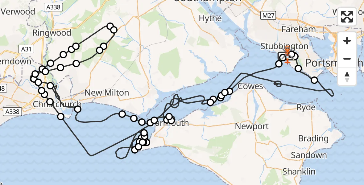 Flight path map showing Coastguard Helicopter route from Solent Airport to Solent Airport