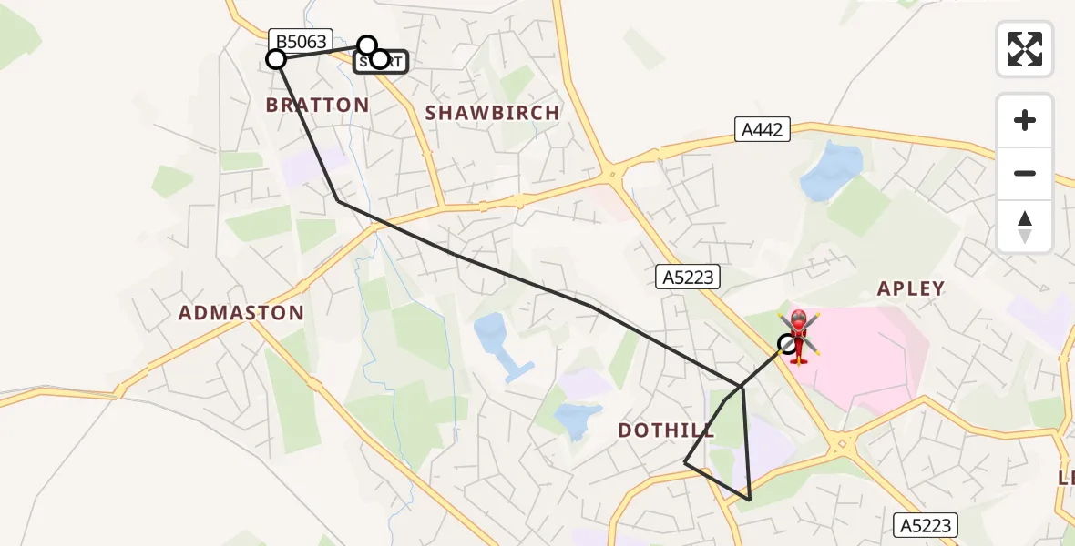 Flight route Air Ambulance Helicopter Wellington - Princess Royal Telford Hospital, 04 May 2026, 09:29