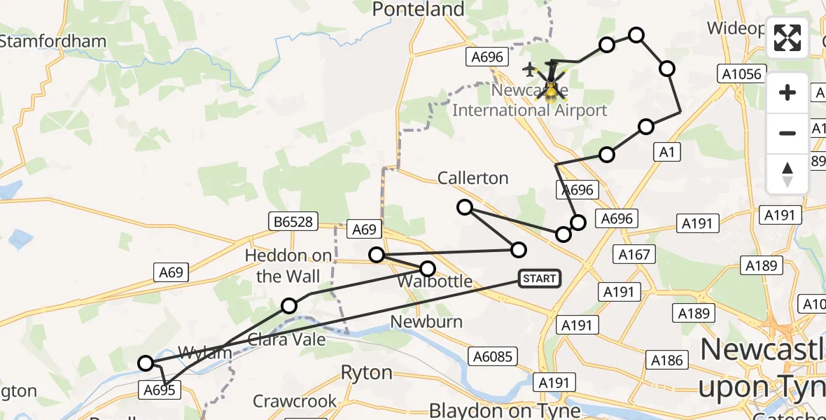 Flight path map showing Police Helicopter route from Denton Burn to Newcastle International Airport