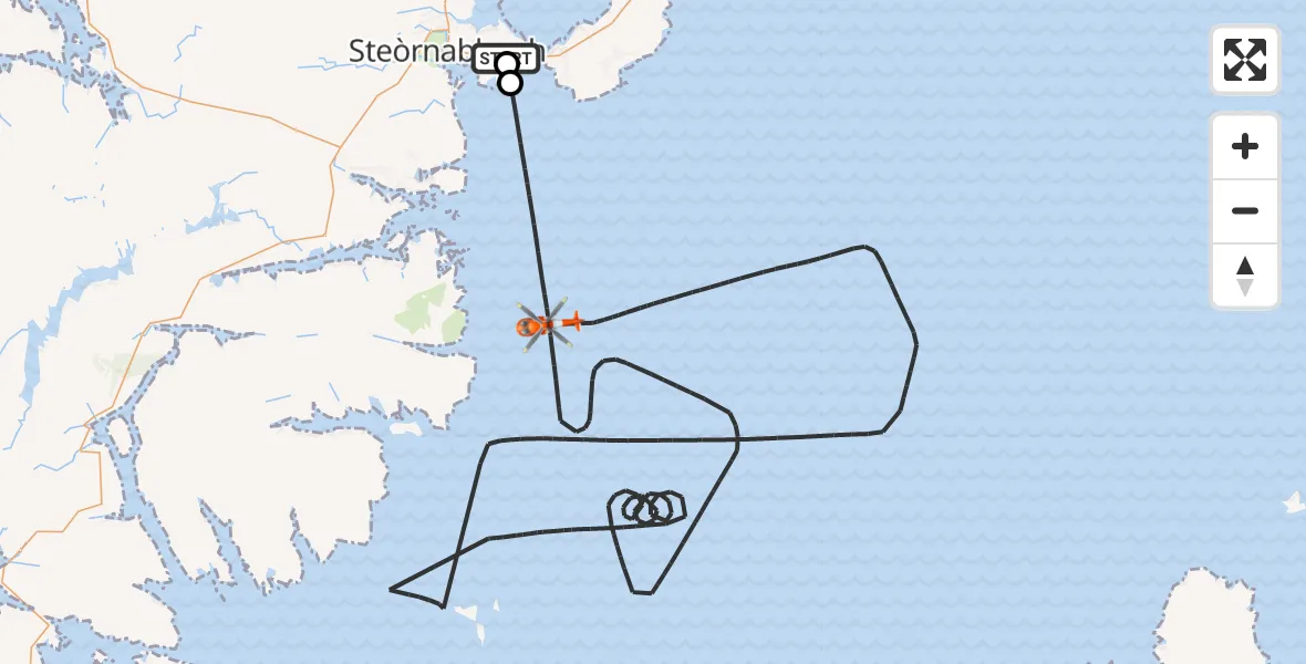 Flight path map showing Coastguard Helicopter route from Stornoway Airport to Inner Seas