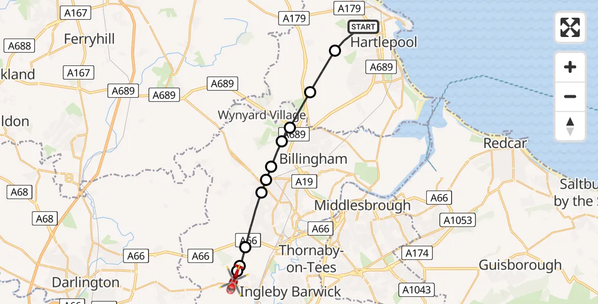 Flight path map showing Air Ambulance Helicopter route from Hartlepool to Egglescliffe