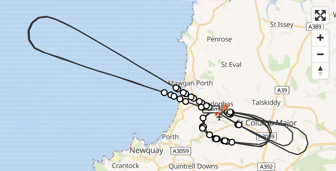 Flight path map showing Coastguard Helicopter route from Cornwall Airport Newquay to Cornwall Airport Newquay