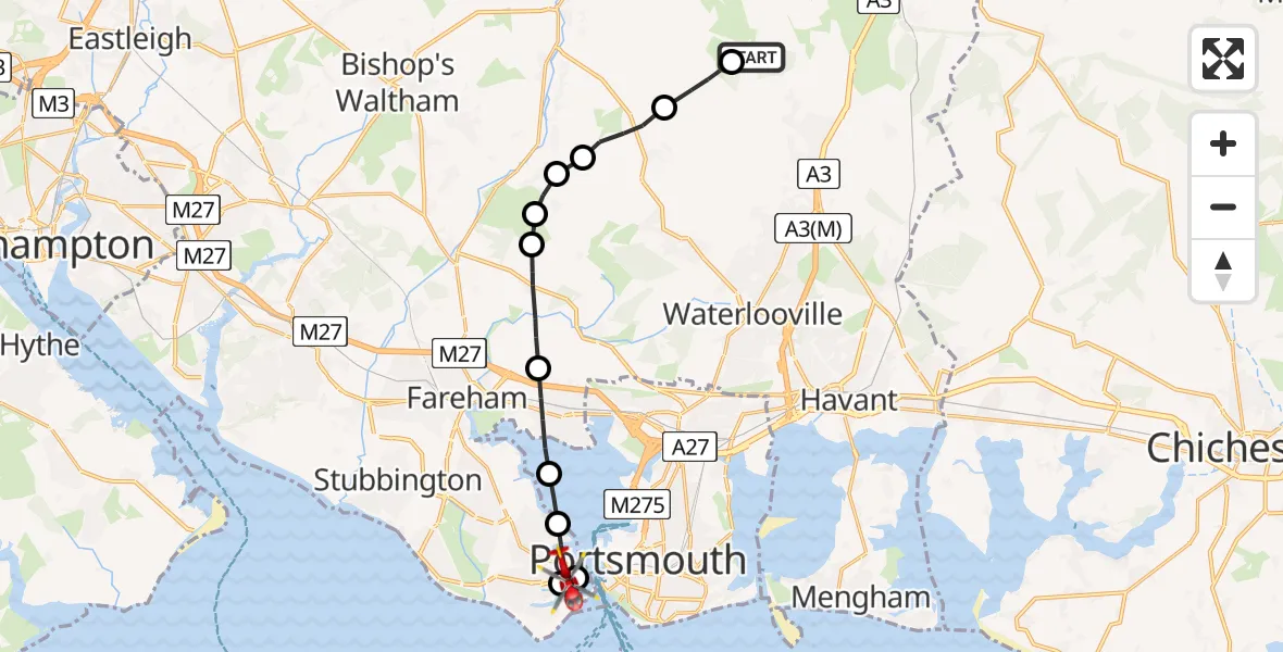 Flight path map showing Air Ambulance Helicopter route from East Hampshire to Gosport