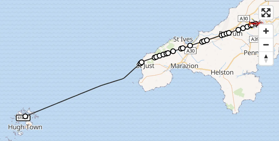 Flight path map showing Air Ambulance Helicopter route from Tresco Heliport to Treliske Hospital