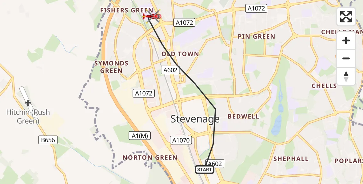 Flight path map showing Air Ambulance Helicopter route from Stevenage to Stevenage