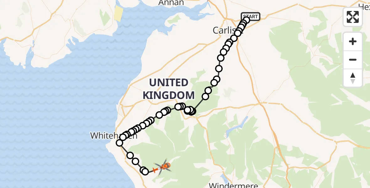 Flight path map showing Coastguard Helicopter route from Carlisle Lake District Airport to Wasdale