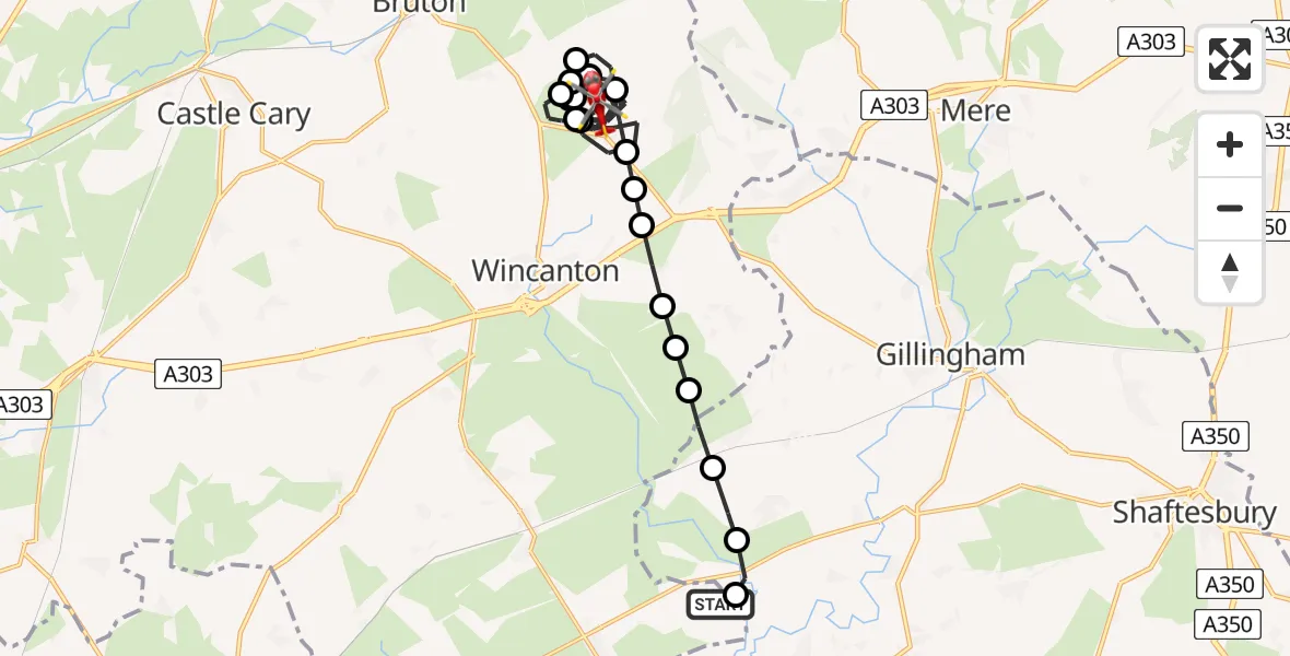 Flight path map showing Air Ambulance Helicopter route from Henstridge Airfield to Charlton Musgrove