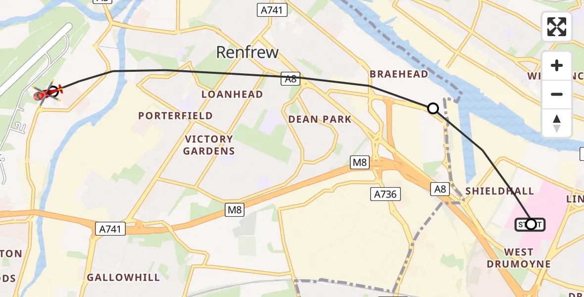 Flight path map showing Air Ambulance Helicopter route from Queen Elizabeth Hospital to Paisley