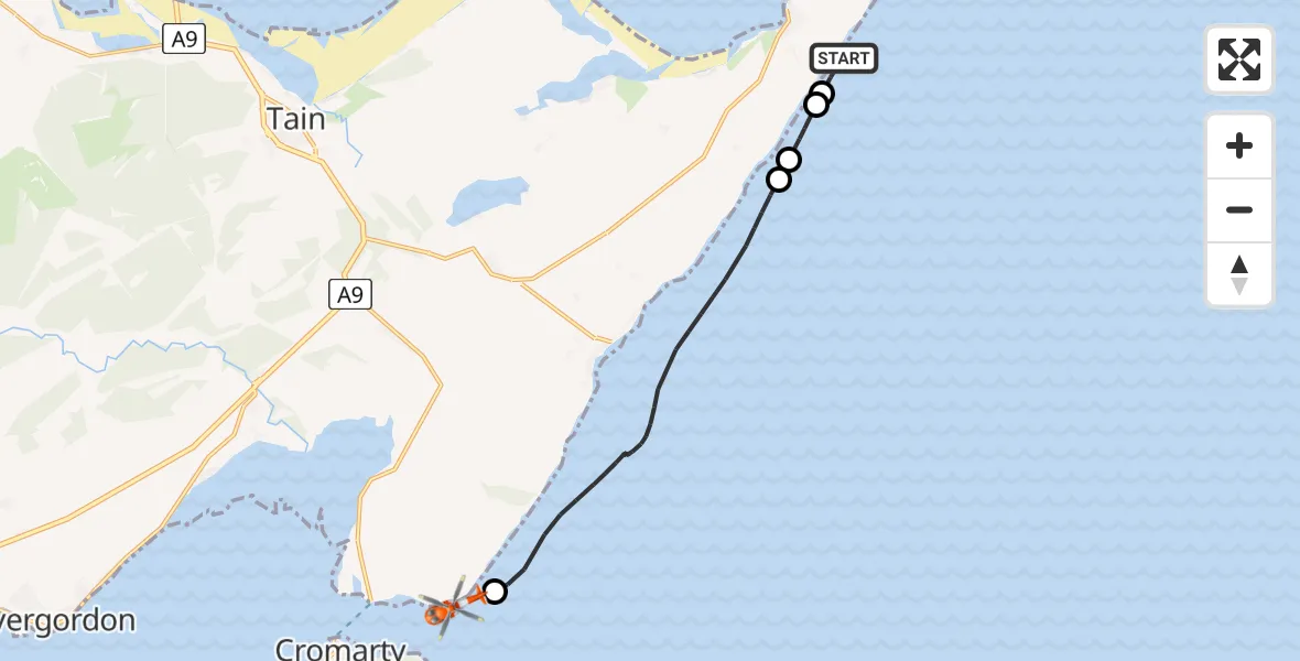 Flight path map showing Coastguard Helicopter route from Portmahomack to Castlecraig