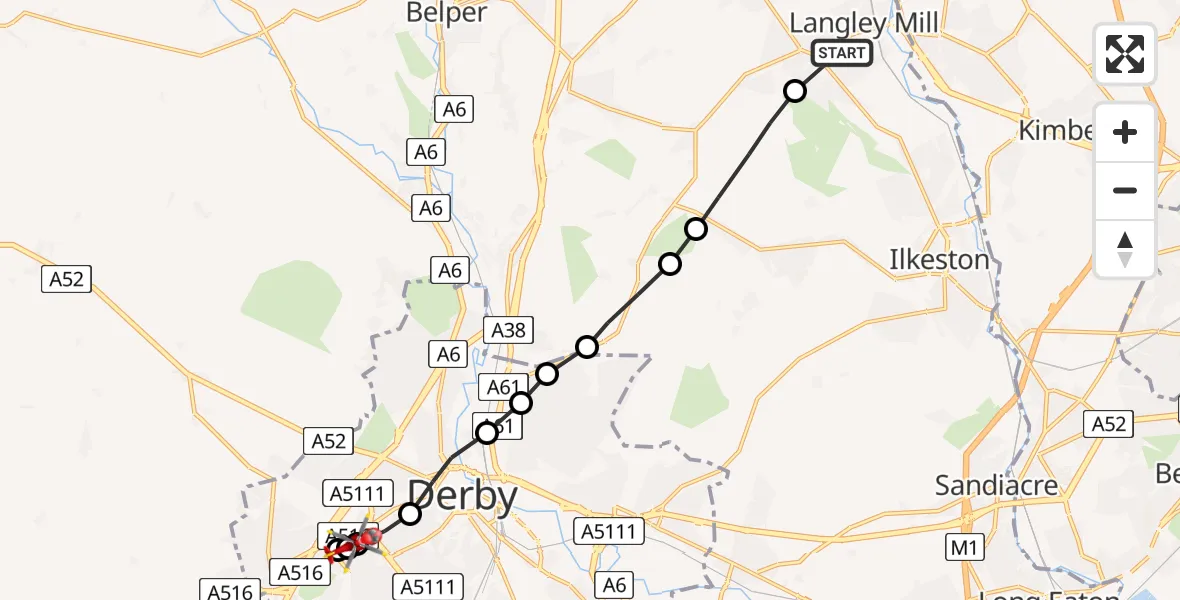 Flight path map showing Air Ambulance Helicopter route from Marlpool to Royal Derby Trauma Unit