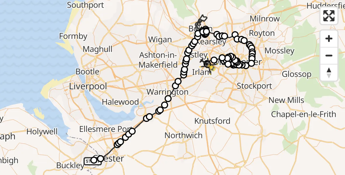 Flight path map showing Police Helicopter route from Hawarden Airport to Manchester Barton Aerodrome