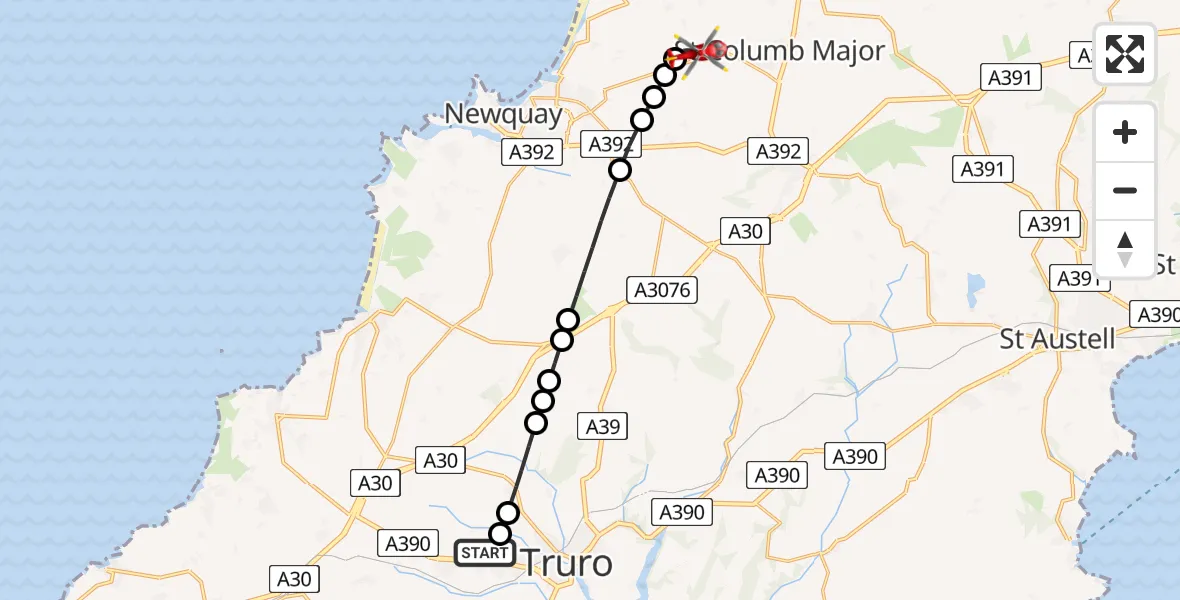 Flight path map showing Air Ambulance Helicopter route from Treliske Hospital to Cornwall Airport Newquay