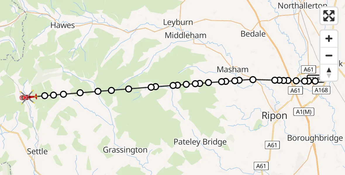 Flight path map showing Air Ambulance Helicopter route from RAF Topcliffe to Horton in Ribblesdale