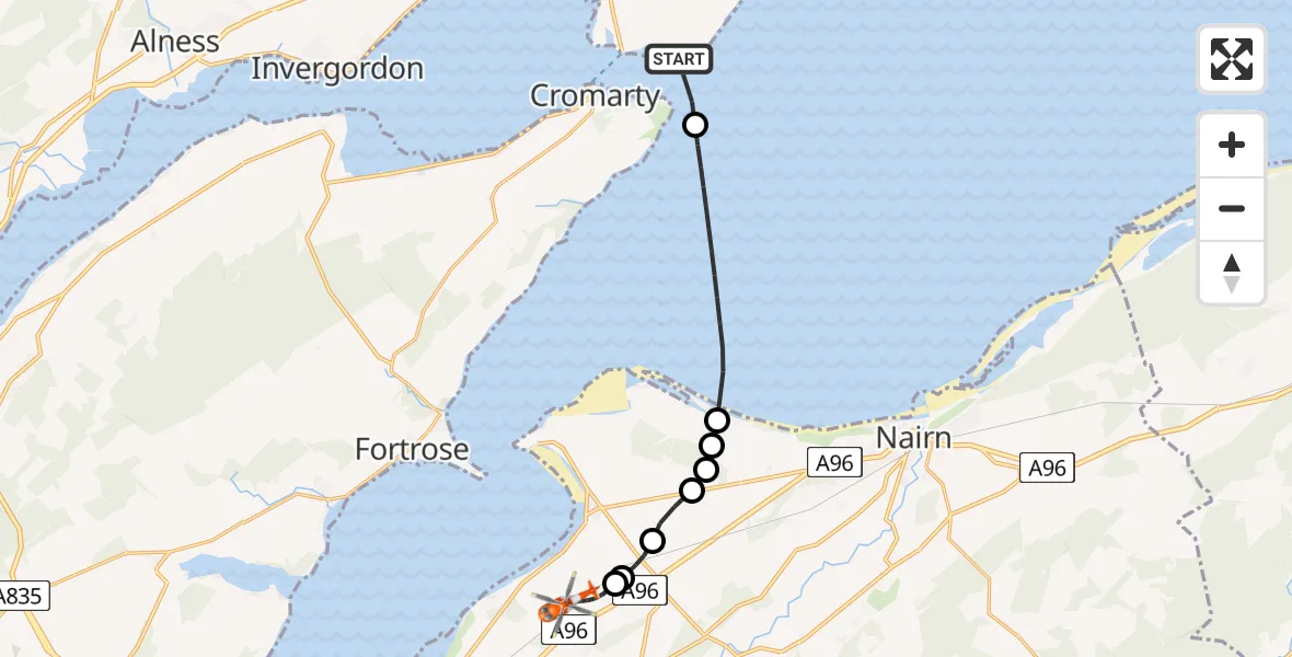 Flight path map showing Coastguard Helicopter route from Cromarty to Inverness Airport