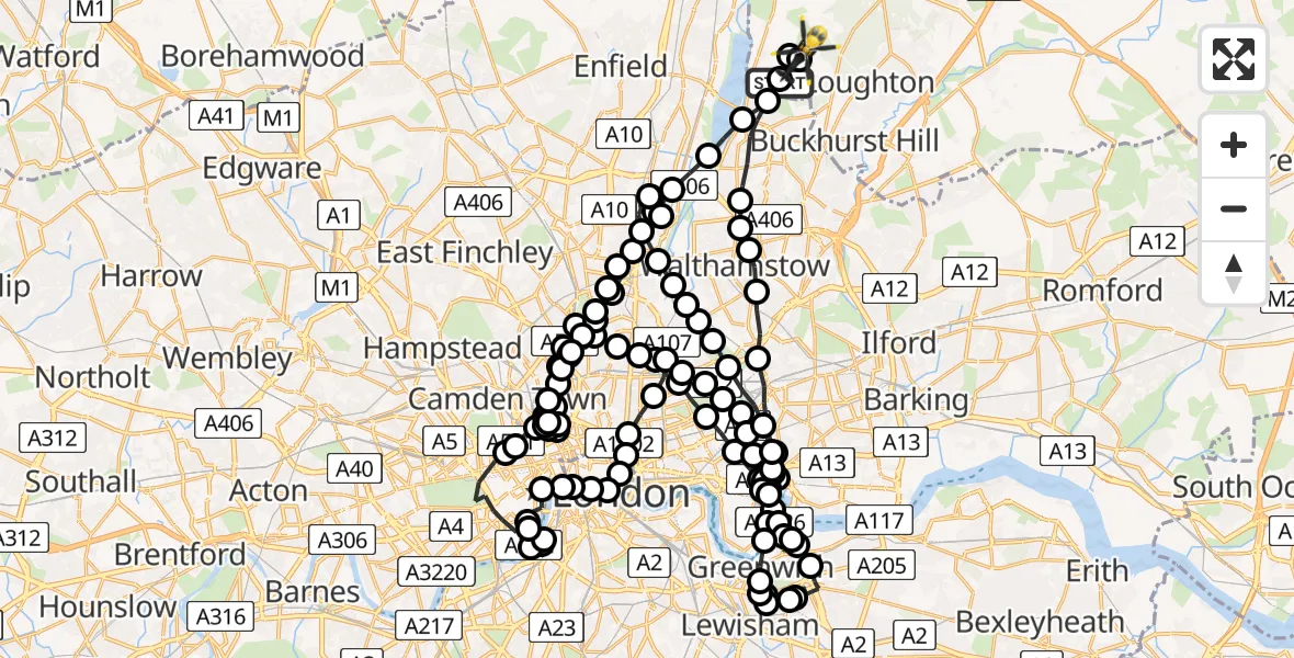 Flight path map showing Police Helicopter route from Chingford to Sewardstonebury