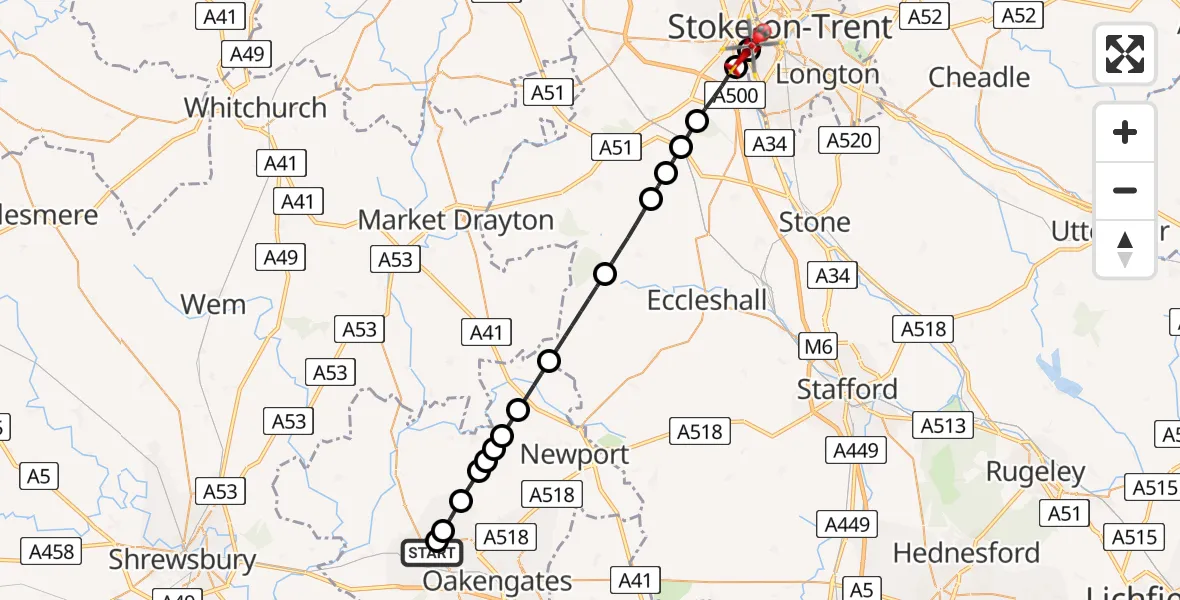 Flight path map showing Air Ambulance Helicopter route from Princess Royal Telford Hospital to University Hospital North Staffs