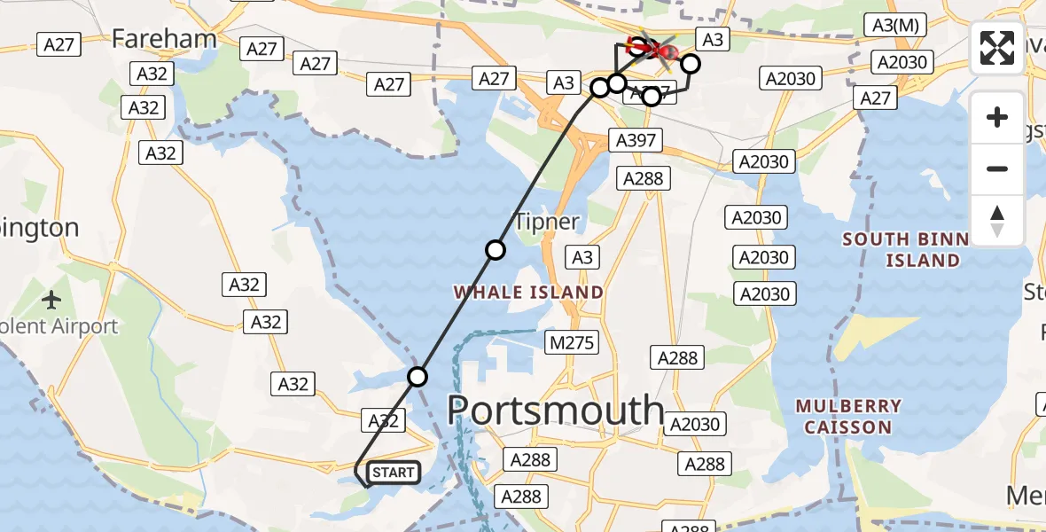 Flight path map showing Air Ambulance Helicopter route from Gosport to Queen Alexandra Hospital