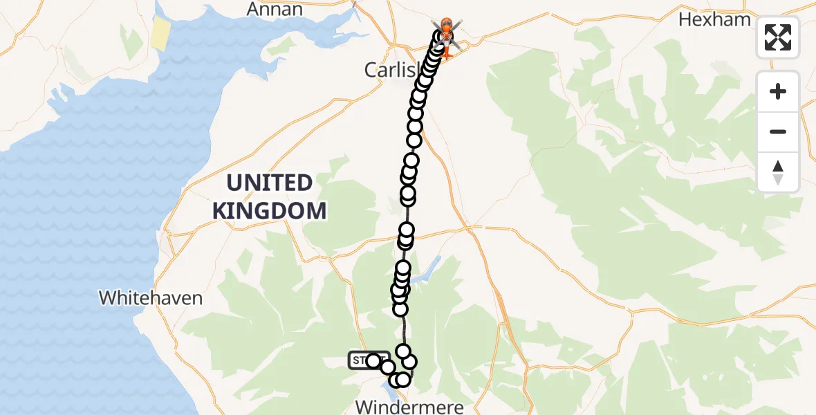Flight path map showing Coastguard Helicopter route from Grasmere to Carlisle Lake District Airport