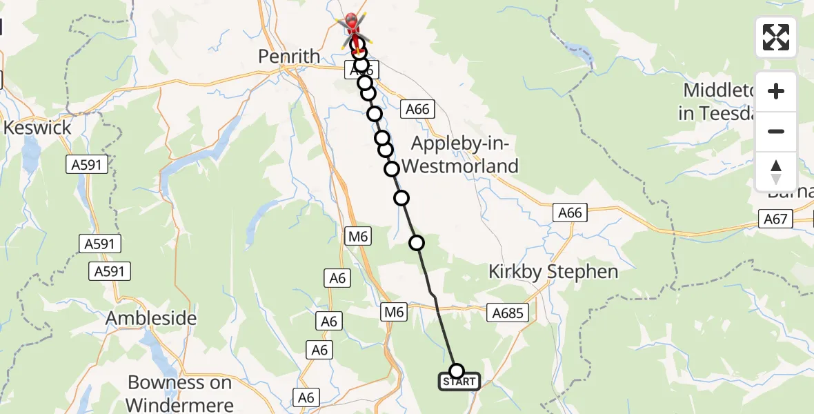 Flight path map showing Air Ambulance Helicopter route from Ravenstonedale to Langwathby