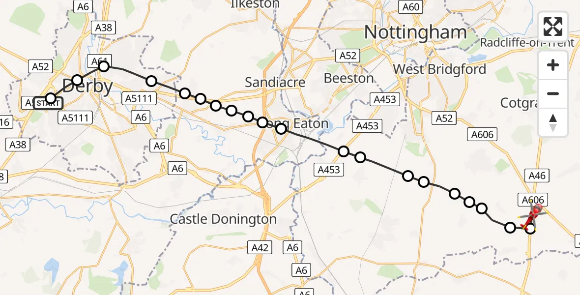 Flight path map showing Air Ambulance Helicopter route from Royal Derby Trauma Unit to Nottingham Heliport