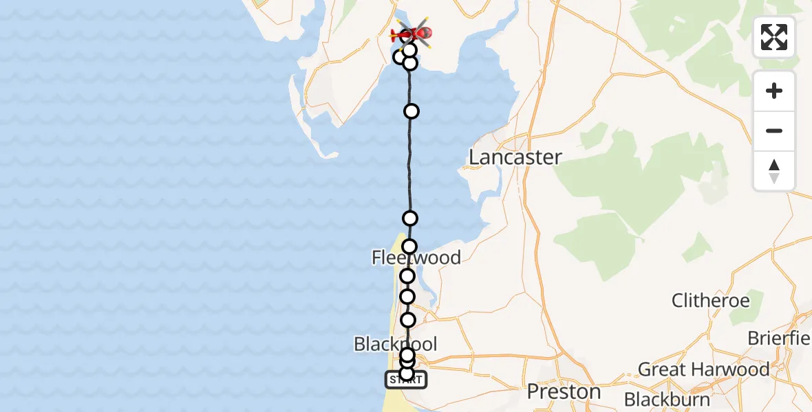 Flight path map showing Air Ambulance Helicopter route from Blackpool Airport to Low Wood