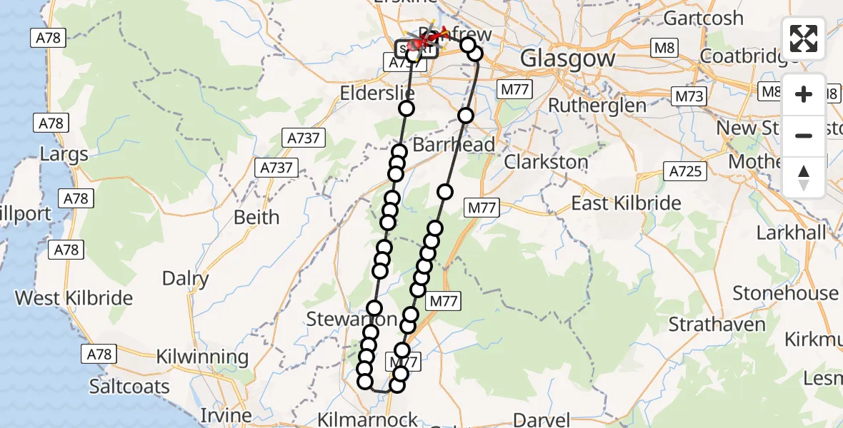 Flight path map showing Air Ambulance Helicopter route from Glasgow Airport to Paisley