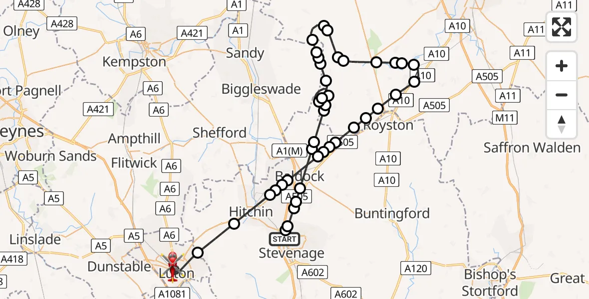 Flight path map showing Air Ambulance Helicopter route from Stevenage to Luton