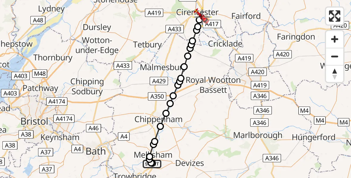 Flight path map showing Air Ambulance Helicopter route from Wiltshire Air Ambulance to Cirencester