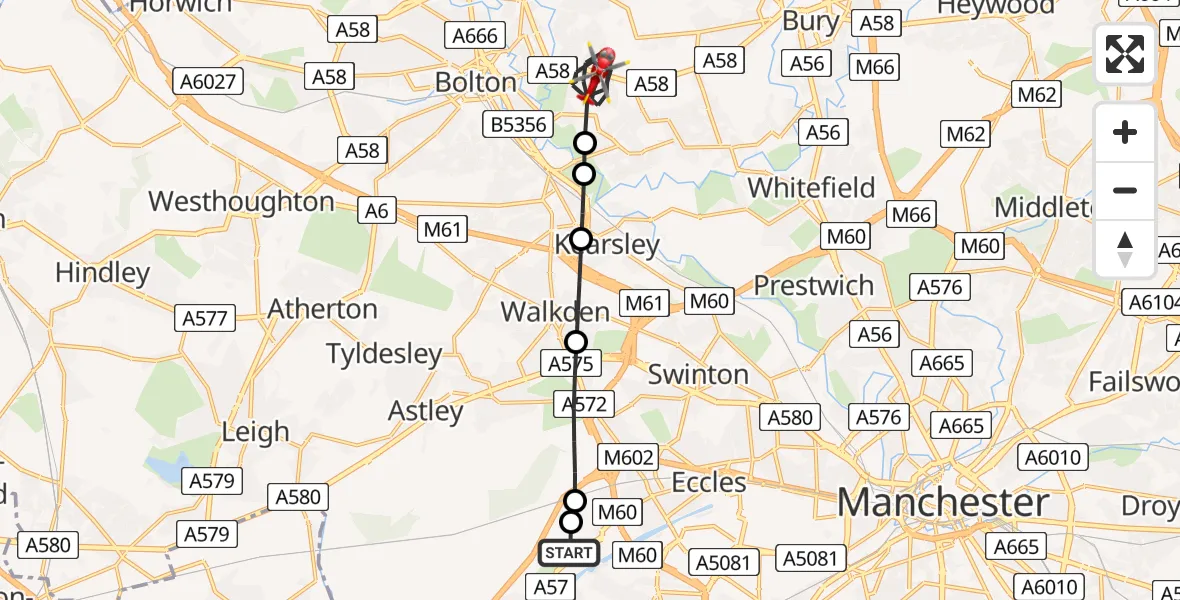 Flight path map showing Air Ambulance Helicopter route from Manchester Barton Aerodrome to Bolton
