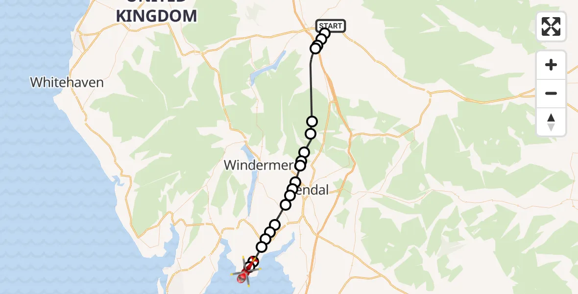 Flight path map showing Air Ambulance Helicopter route from Brougham to Cark airfield