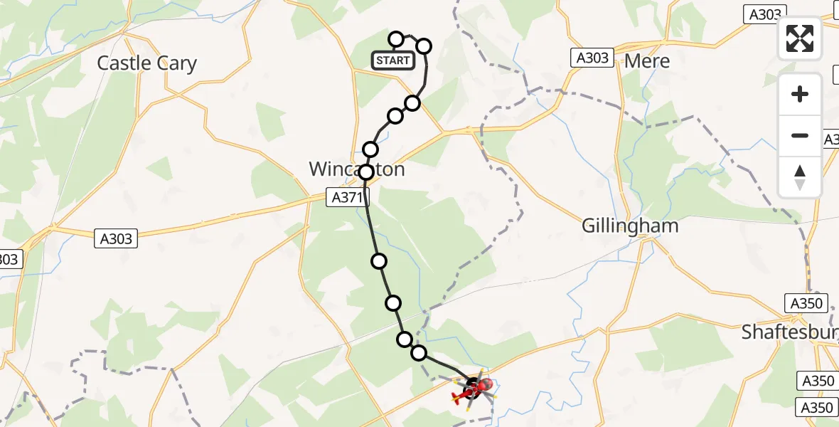 Flight path map showing Air Ambulance Helicopter route from Charlton Musgrove to Henstridge Airfield